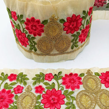 Beige Silk Fabric Trim, Green, Pink & Gold Floral Embroidery Indian Sari Border Trim By Yard Decorative Trim Craft Lace